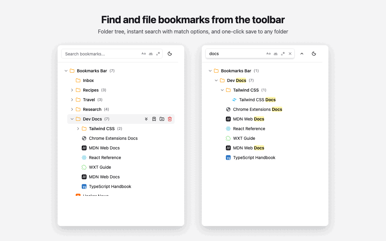 Two Bookmark Scout popups side by side: a folder tree with Recipes, Travel, Research, and Dev Docs folders, and a search for docs with the matches highlighted