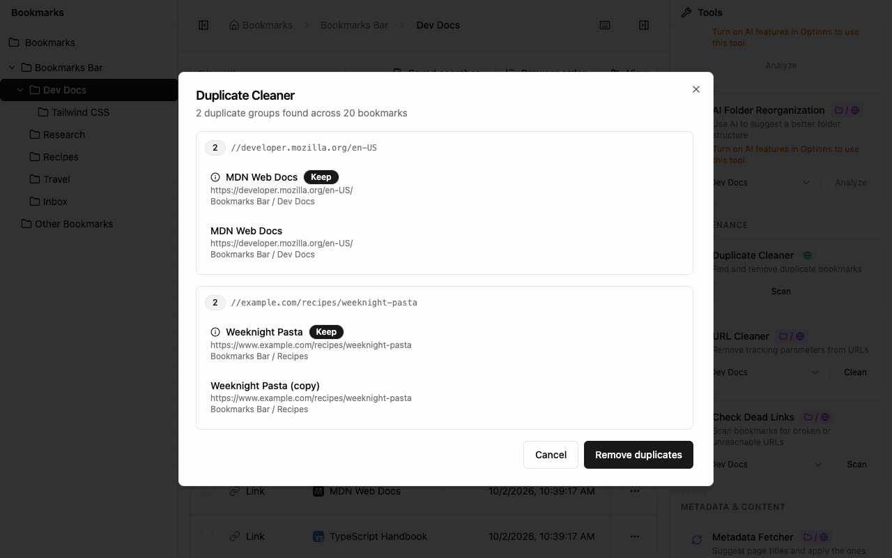 The Duplicate Cleaner dialog listing two groups of duplicate bookmarks, each with the copy to keep marked, above a Remove duplicates button