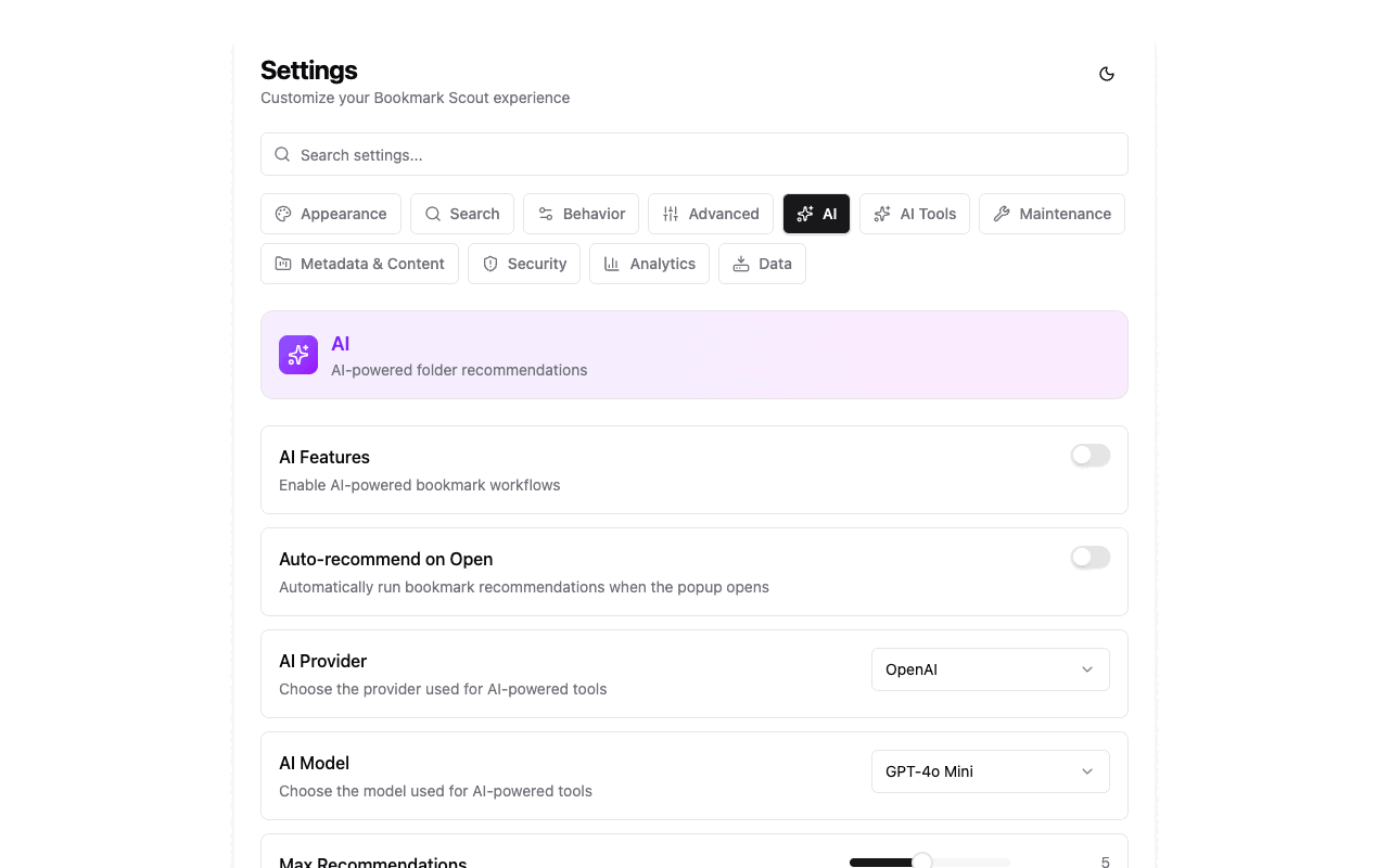 The AI tab of the Bookmark Scout settings page with AI features turned off, and provider and model selectors